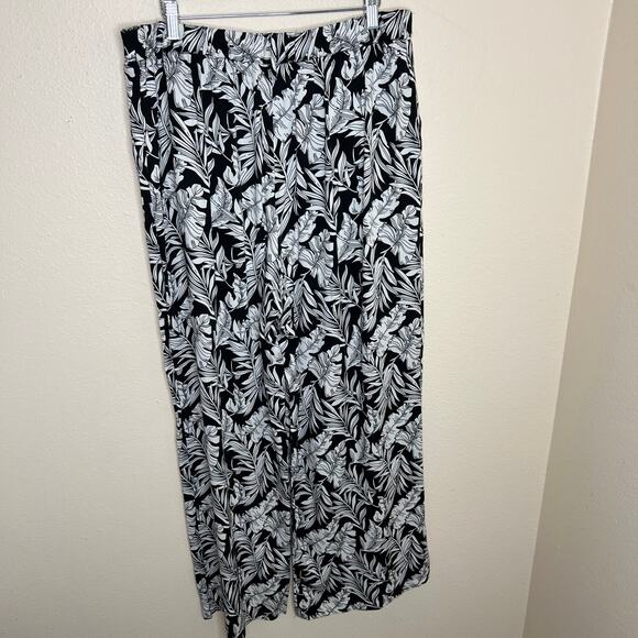 Adrienne Vittadini Black White Floral Print Wide Leg Pull On Pant Large - Picture 6 of 12